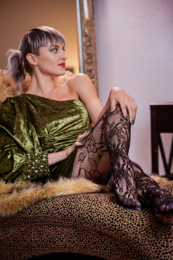 Fishnet Black Flower Patterned Tights. Petite to Plus Size Stockings C
