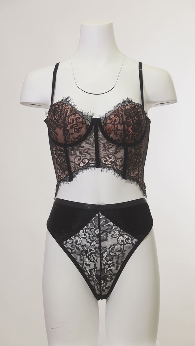 Oh La La Cheri Lingerie Emery Black Lace Longline Bra Set 61-11974