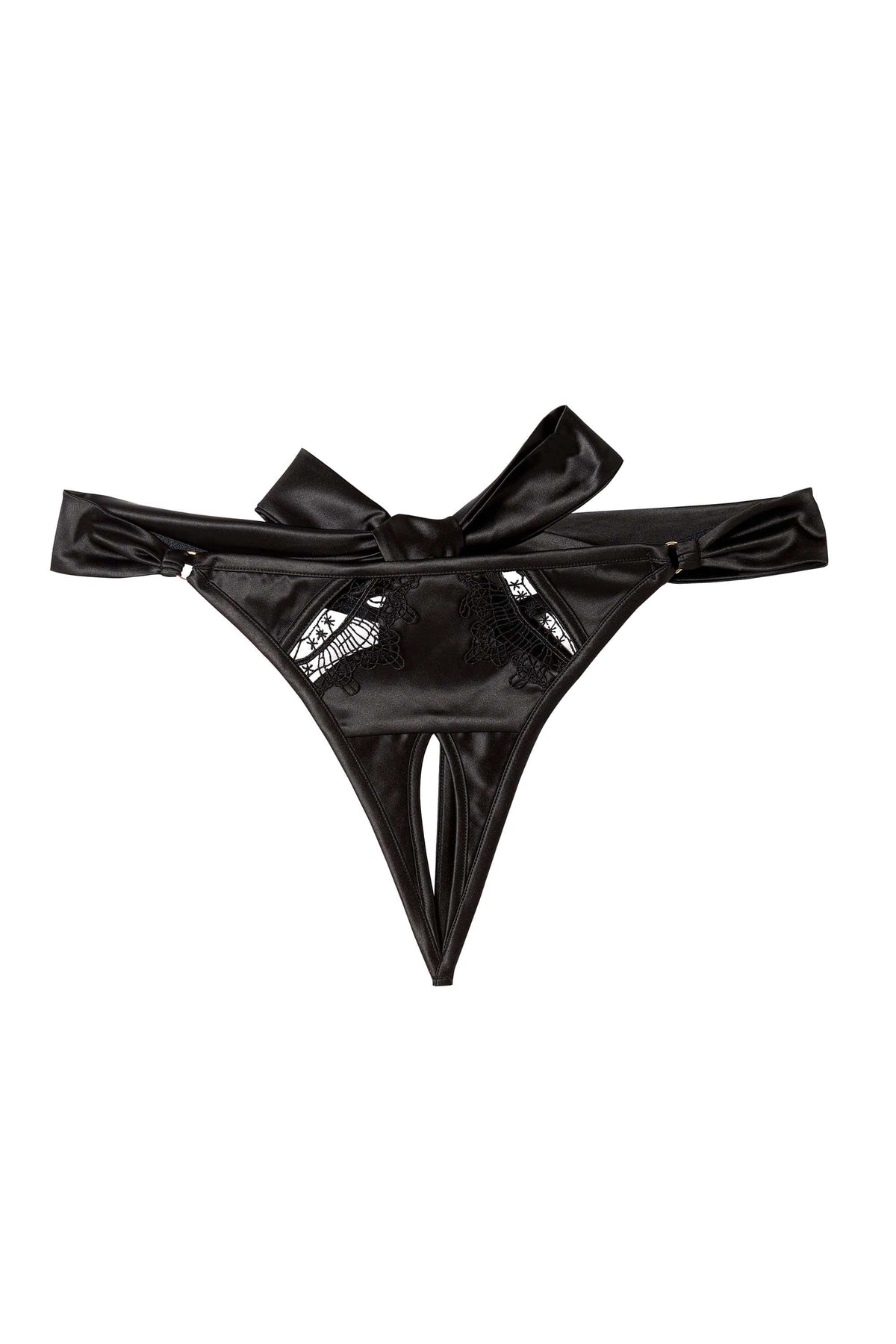 Playful Promises Wren Black Satin and Lace Ouvert Thong Panty